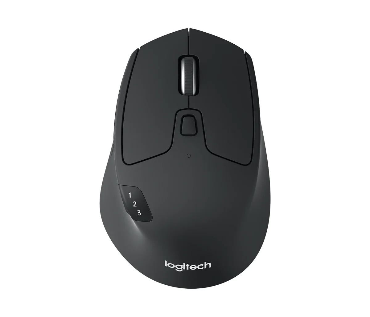 Logitech M720 Triathlon top-down view showing the metal scroll wheel, mode-shift button, contoured right-handed shell and Easy-Switch 1-2-3 channel button