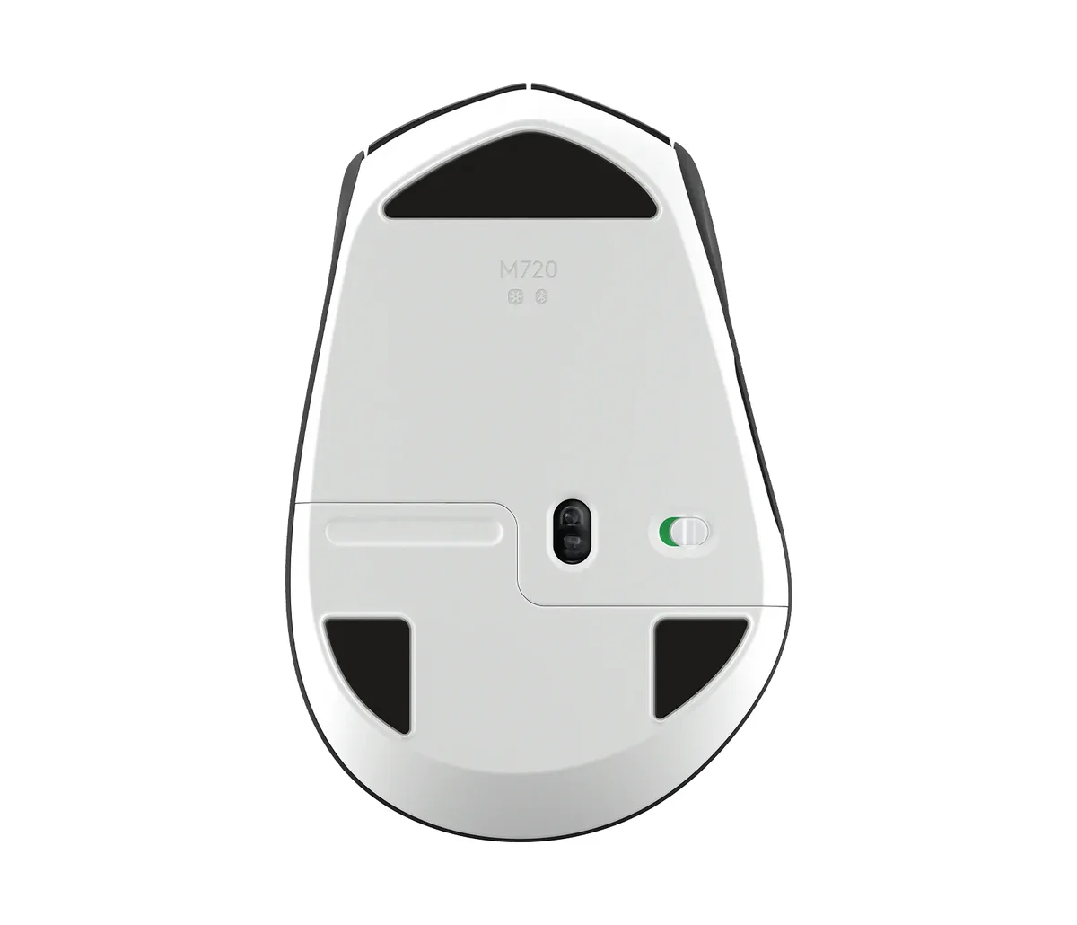 Underside of the Logitech M720 Triathlon showing the M720 model marking, optical sensor, power switch, battery door and glide feet