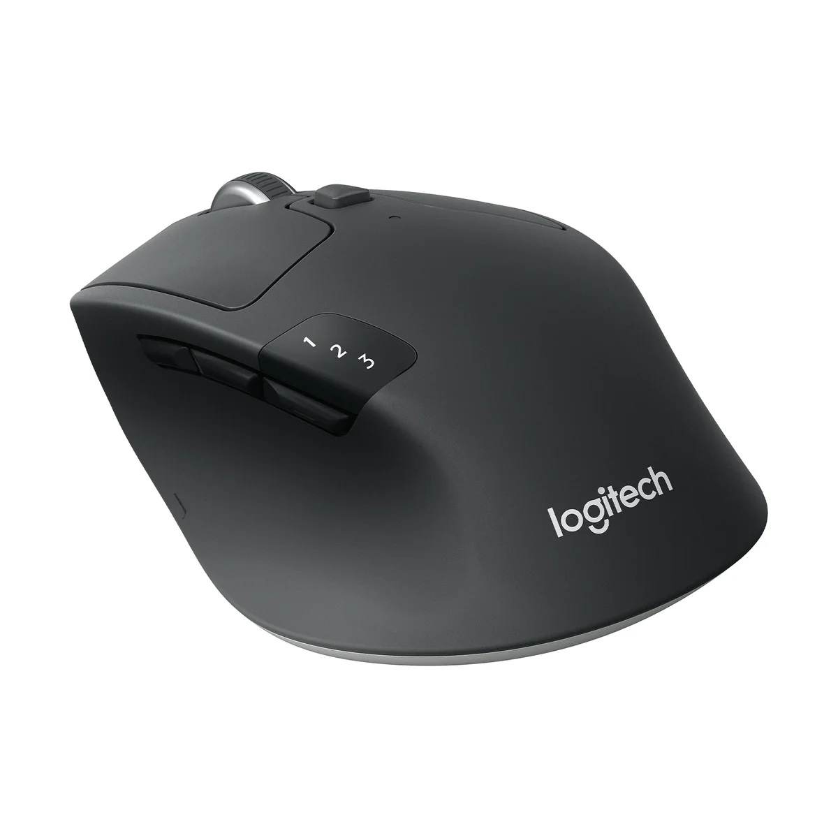 Logitech M720 Triathlon multi-device mouse in black, three-quarter rear view showing the thumb-side Easy-Switch button with 1-2-3 channel markings, thumb buttons, scroll wheel and Logitech logo