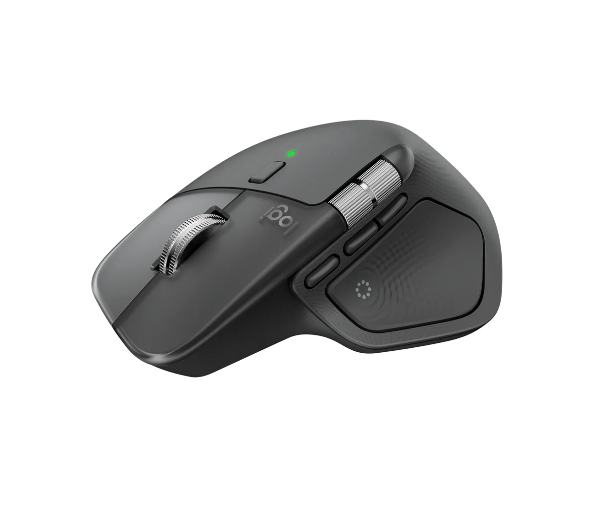 Logitech MX Master 4 in Graphite, three-quarter view showing the MagSpeed scroll wheel, the thumb wheel, the thumb-side buttons and the haptic sense panel on a white background